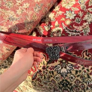 Just Cavalli Deep Red Leather Belt with Ornate Buckle